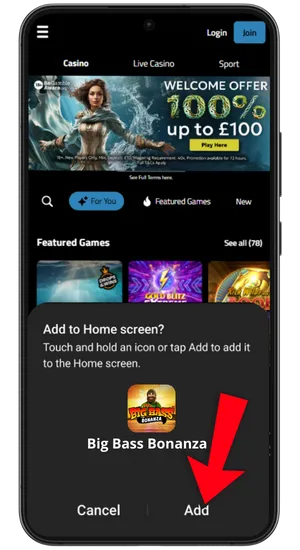Adding Big Bass Bonanza shortcut to Android home screen