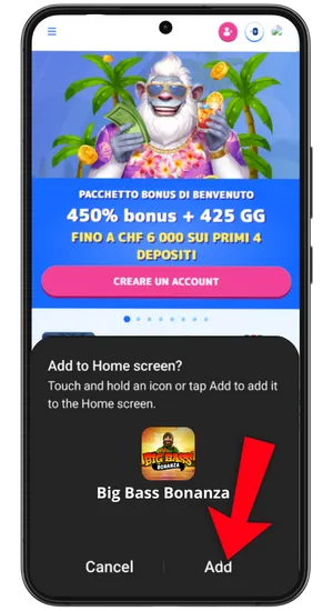 Aggiunta del collegamento Big Bass Bonanza alla schermata principale di Android