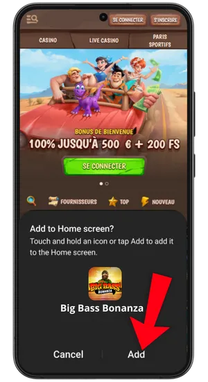 Ajout du raccourci Big Bass Bonanza sur l’écran d’accueil Android