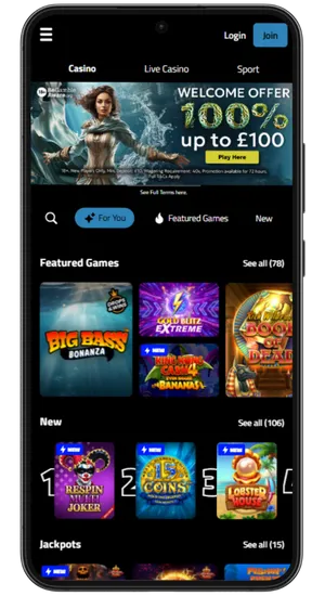 Casino homepage showing the Big Bass Bonanza app section