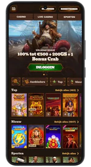 Startpagina van het casino met de Big Bass Bonanza app sectie
