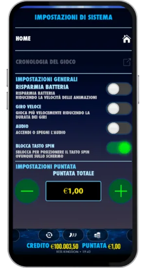 Menu impostazioni con Risparmio batteria, Giri rapidi, Suono, Blocco pulsante di spin