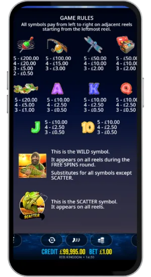 Game rules page listing symbol payouts in GBP