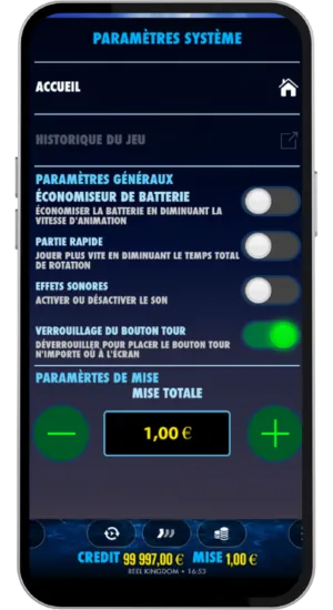 Menu des réglages avec Économie de batterie, Rotation rapide, Son, Verrou du bouton de rotation