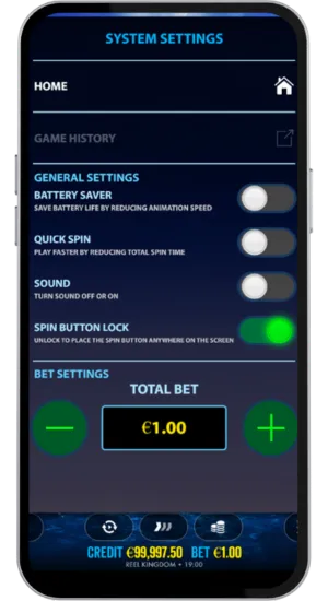 Instellingenmenu met Battery Saver, Quick Spin, Sound en Spin Button Lock