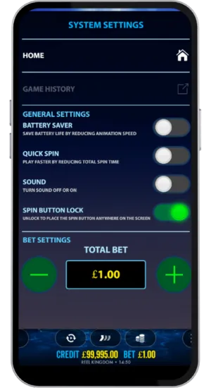 Settings menu with Battery Saver, Quick Spin, Sound, Spin Button Lock