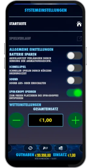 Einstellungsmenü mit Energiesparen, Quick Spin, Sound, Spin-Button-Sperre