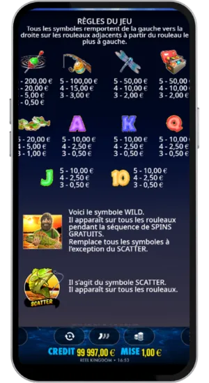 Page des règles listant les gains des symboles en EUR