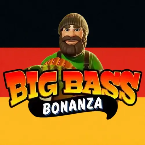 Logo des Spielautomaten Big Bass Bonanza mit einer deutschen Flagge im Hintergrund