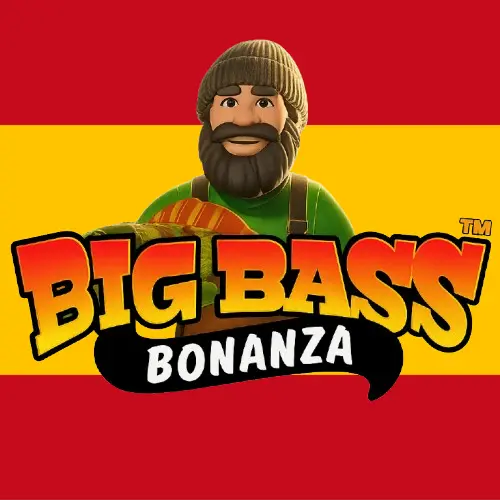 Logotipo de la máquina tragaperras Big Bass Bonanza con un fondo en el que aparece la bandera española.