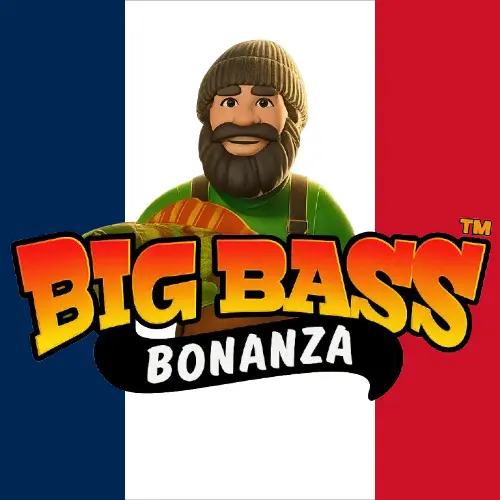 Logo de la machine à sous Big Bass Bonanza avec un drapeau français en arrière-plan