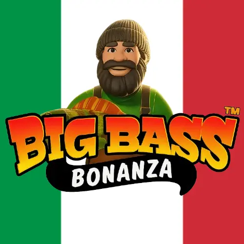 Logo della slot machine Big Bass Bonanza con uno sfondo con la bandiera italiana