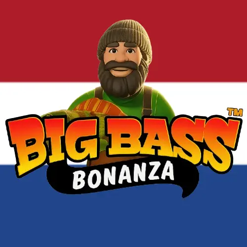 Logo van de Big Bass Bonanza-gokautomaat met een Nederlandse vlag op de achtergrond
