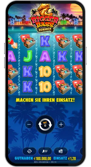 Bigger Bass Bonanza Bonus Basisspiel mit Walzen und Einsatzsteuerung